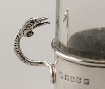 Antique Scottish Silver Traprain Treasure Bottle Stand, with Original Glass Oil Bottle - George Edward & Sons
